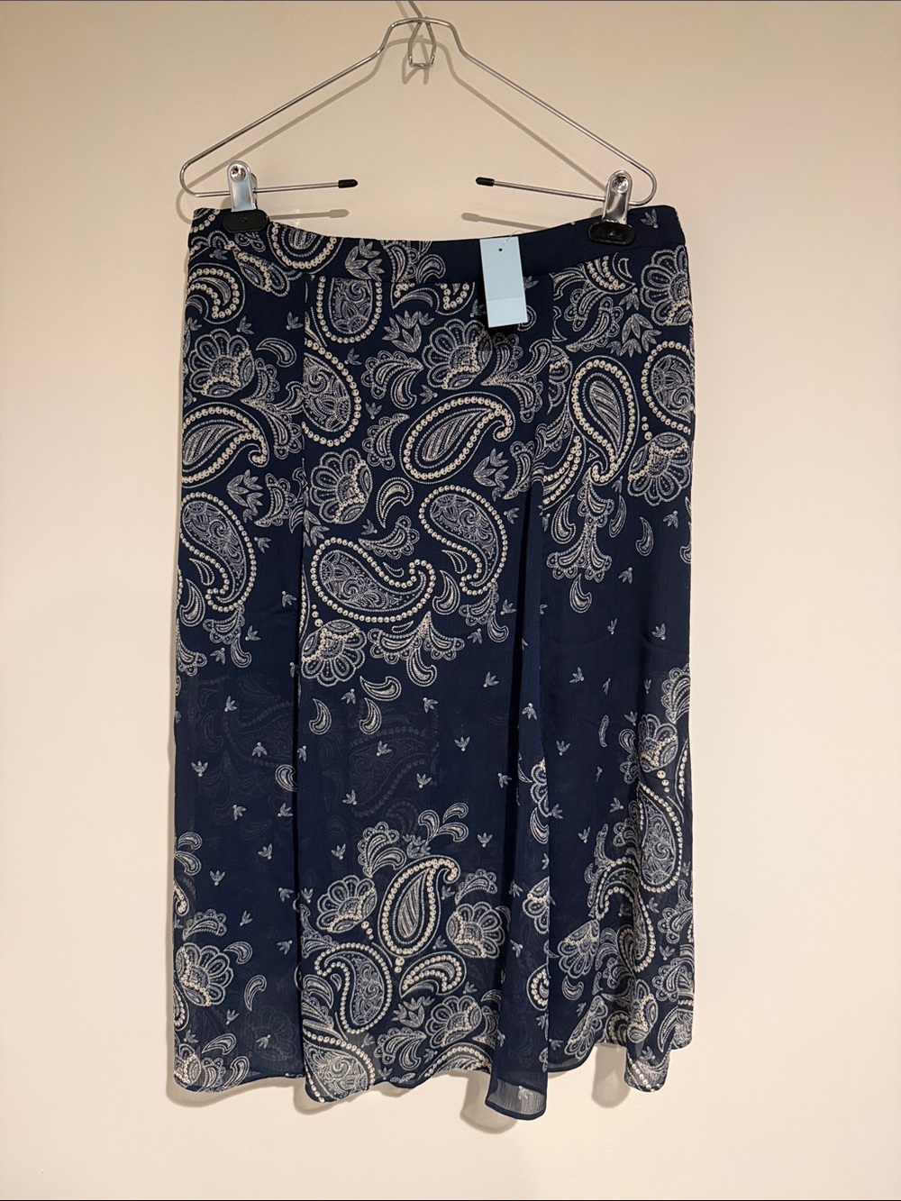 LOFT Navy Paisley-Print Midi Skirt with Cream Accents